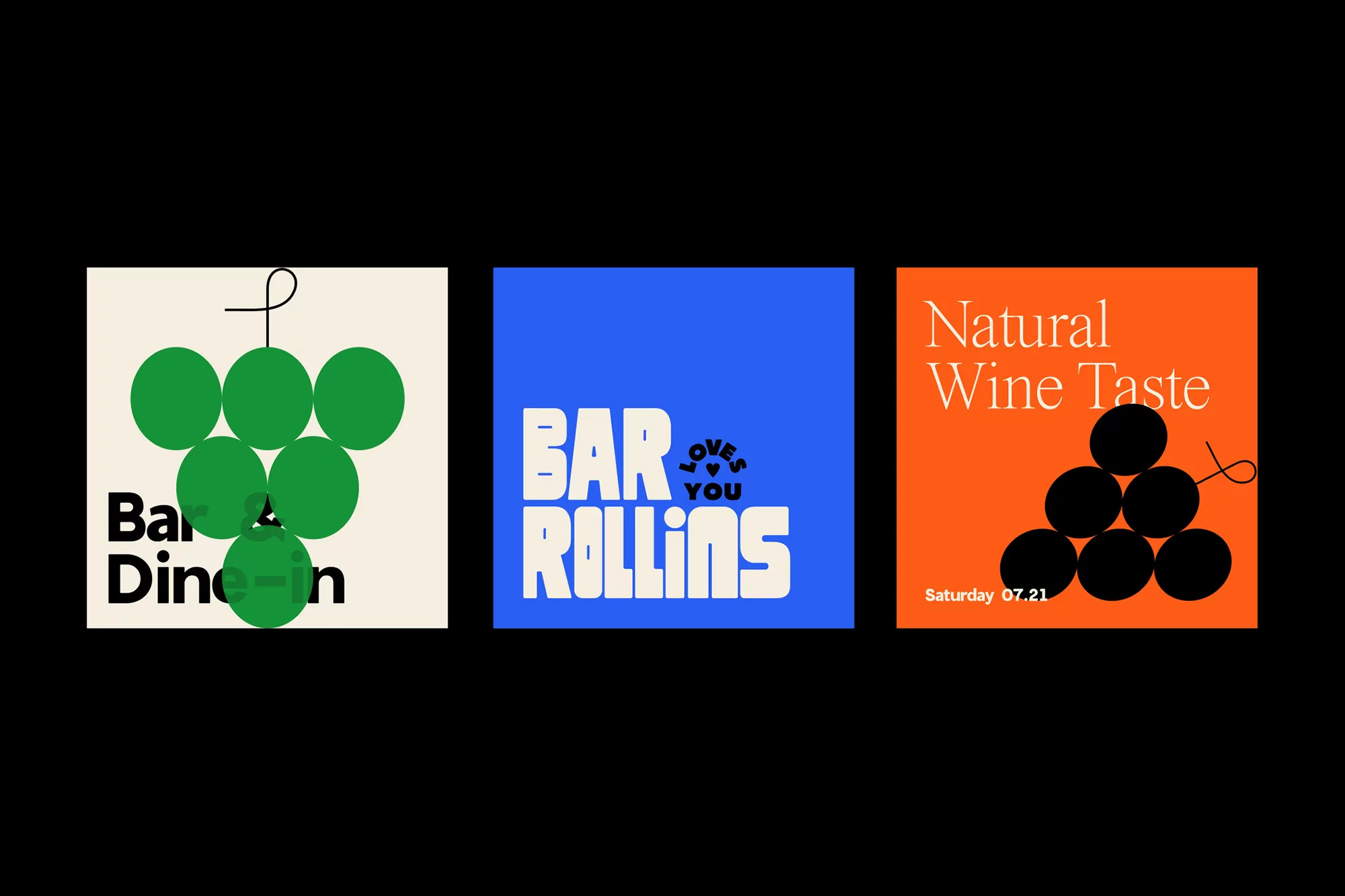Three graphic design posters showcase a food and beverage theme with stylized grapes and bold typography against a dark background.