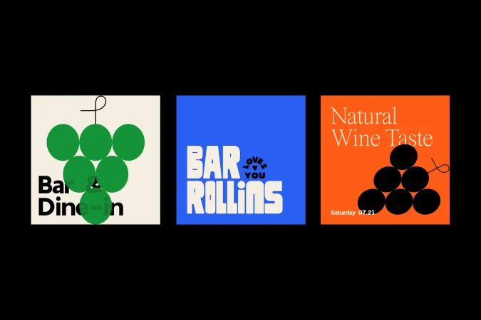 Three graphic design posters showcase a food and beverage theme with stylized grapes and bold typography against a dark background.