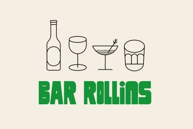 Bar Rollins brand identity graphic design featuring line art drink icons and green typography