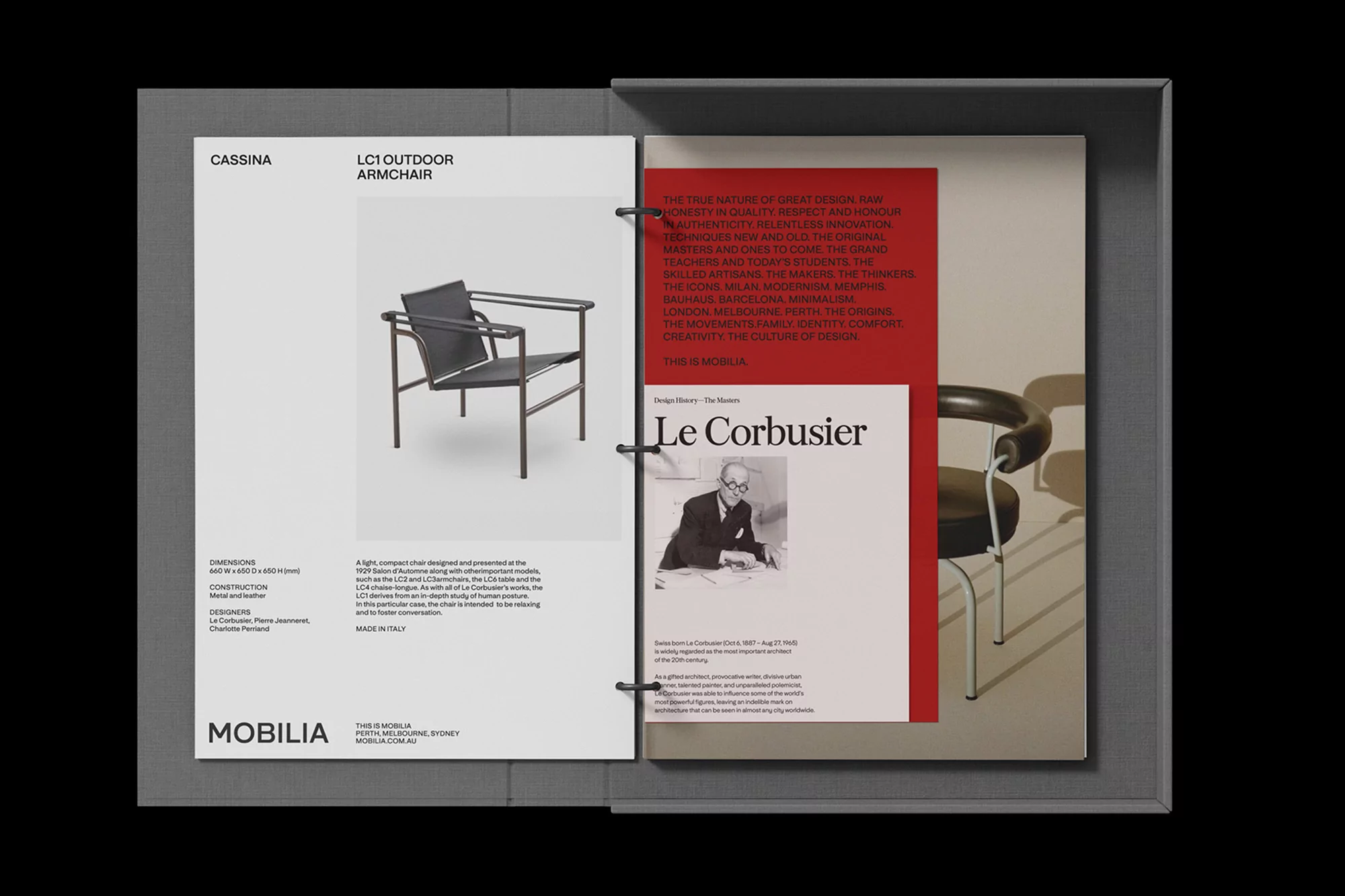 Promotional studio shot of Cassina LC1 outdoor armchair in a ring binder, featuring a portrait of Le Corbusier.