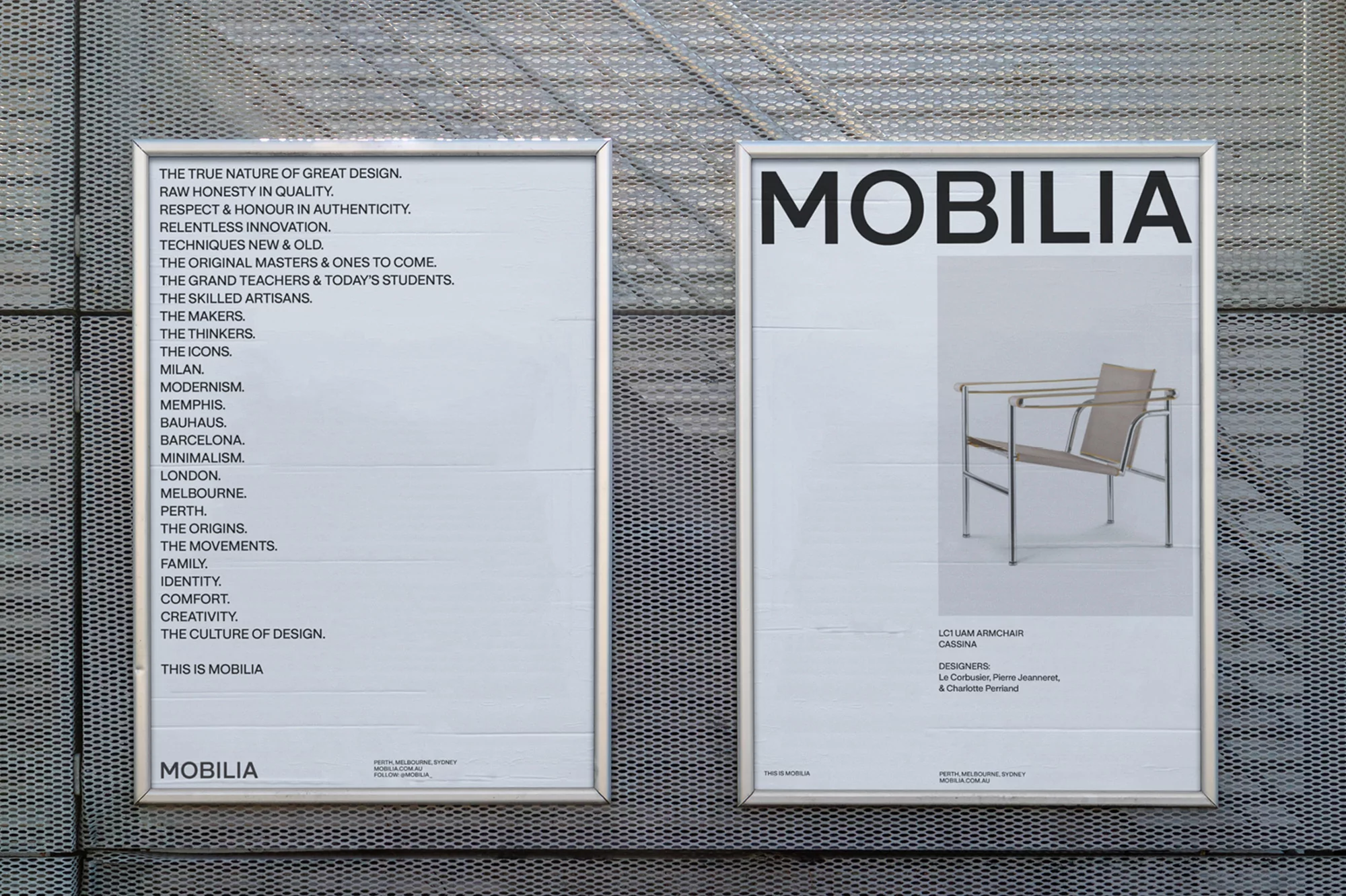 Two framed posters mounted on a wall feature product design advertisements for furniture company Mobilia, showcasing modernist chairs and design philosophy.