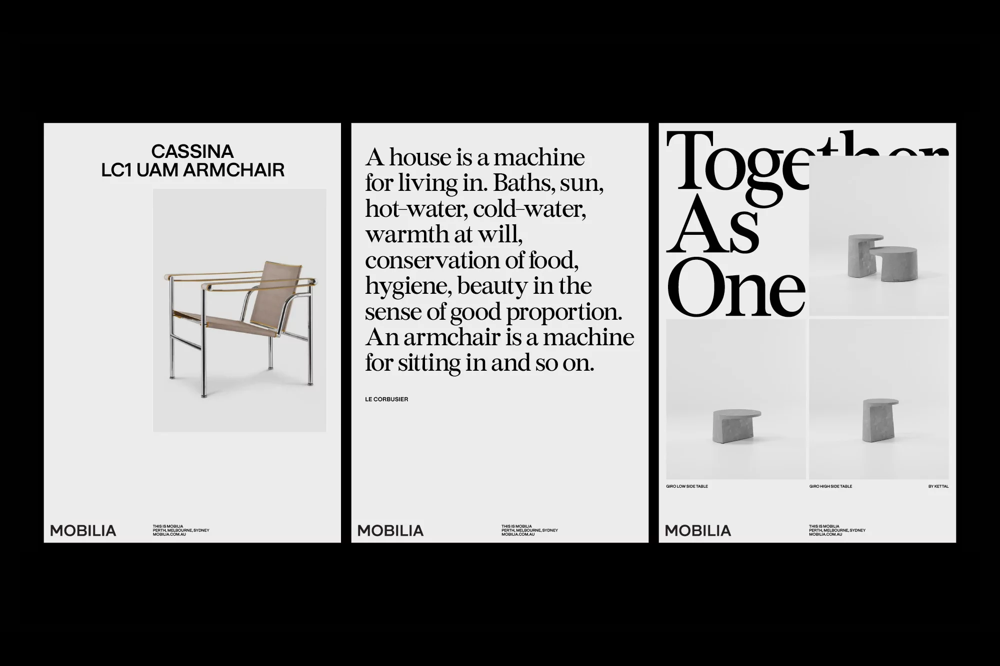 Three Mobilia posters showcase a Cassina LC1 UAM armchair, inspirational text, and small concrete tables against a white background.