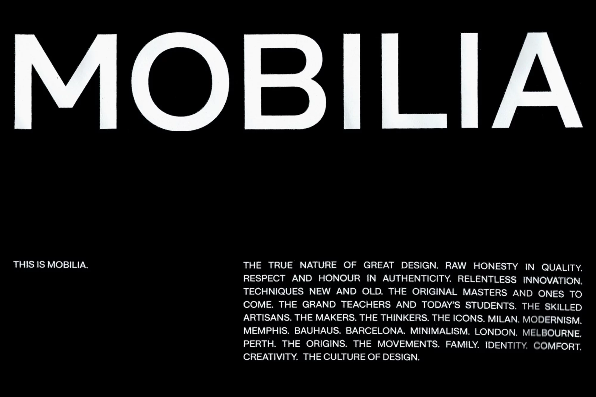 Monochromatic image featuring the word "MOBILIA" in large white text against a black background with smaller text below.