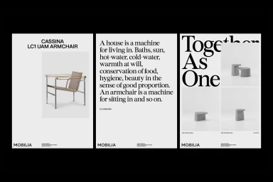 Three vertical poster layouts displaying minimalist typography and product photography for Mobilia brand identity design.