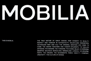 Bold white typography reading MOBILIA against a solid black background with accompanying descriptive manifesto text