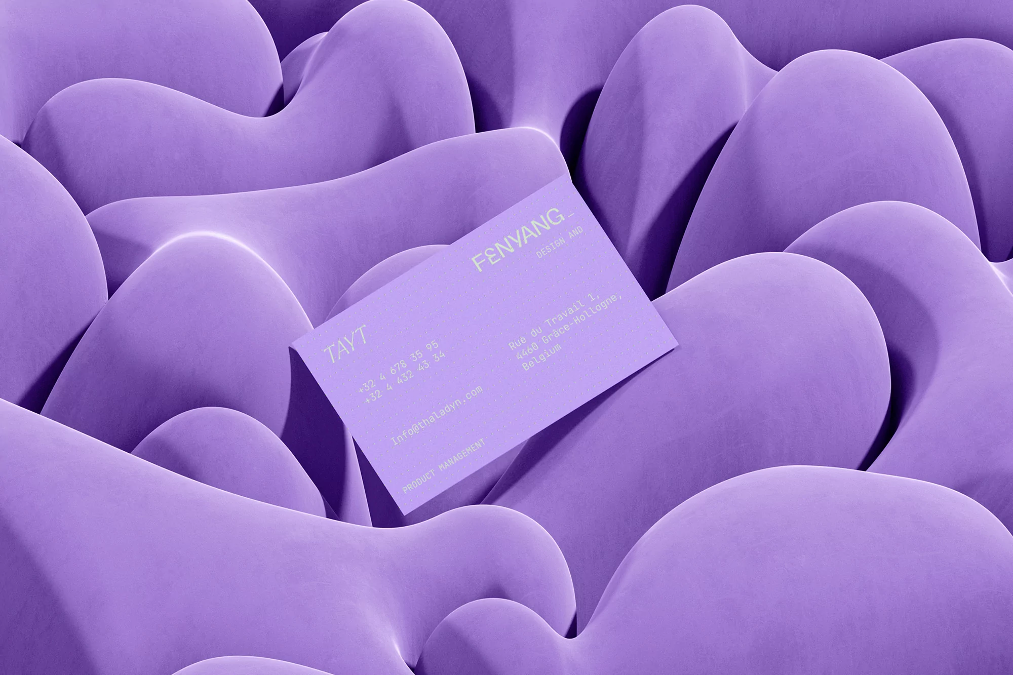 Monochromatic lavender scene with a business card angled atop smooth, rounded, organic shapes in a studio setting. Minimalist design.
