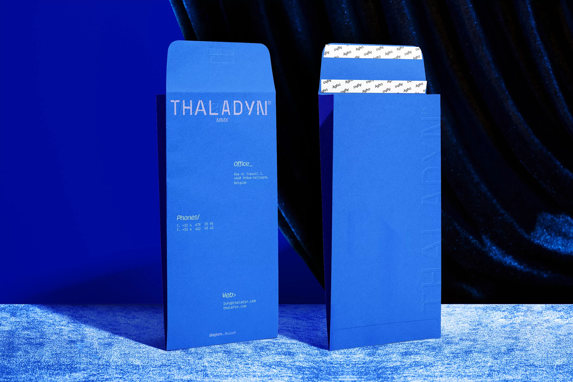 Two blue envelopes, one sealed with a white strip and the other unsealed showing address and contact information, against a dark background.