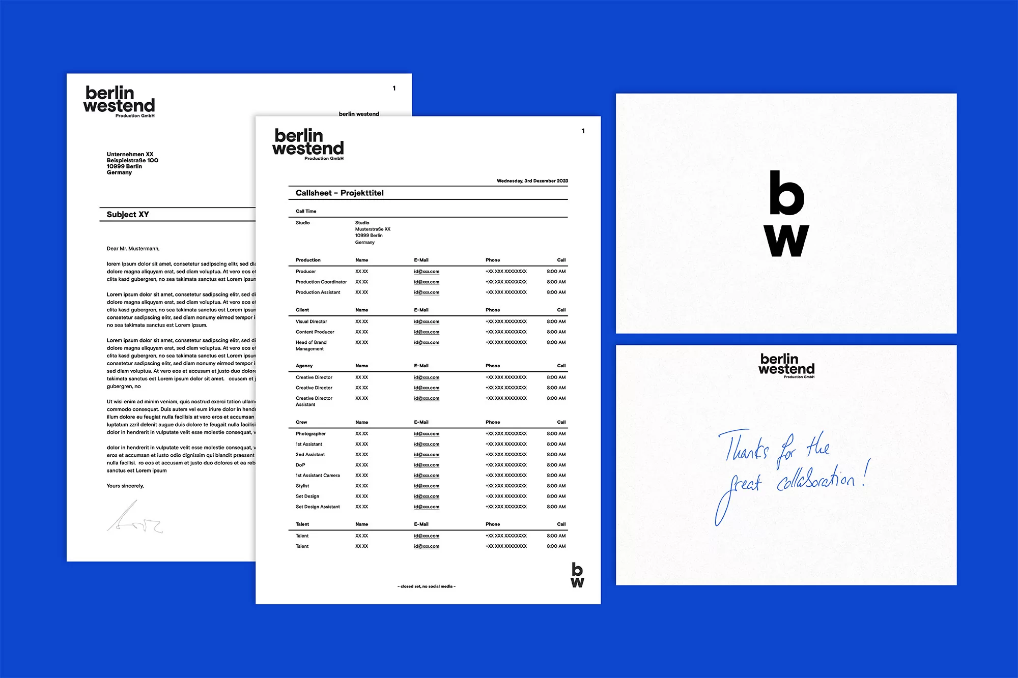 Berlin Westend brand identity showcase featuring corporate stationery, letterhead, call sheet, and logo design on white paper against a blue background.