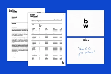 Berlin Westend brand identity showcase featuring corporate stationery, letterhead, call sheet, and logo design on white paper against a blue background.