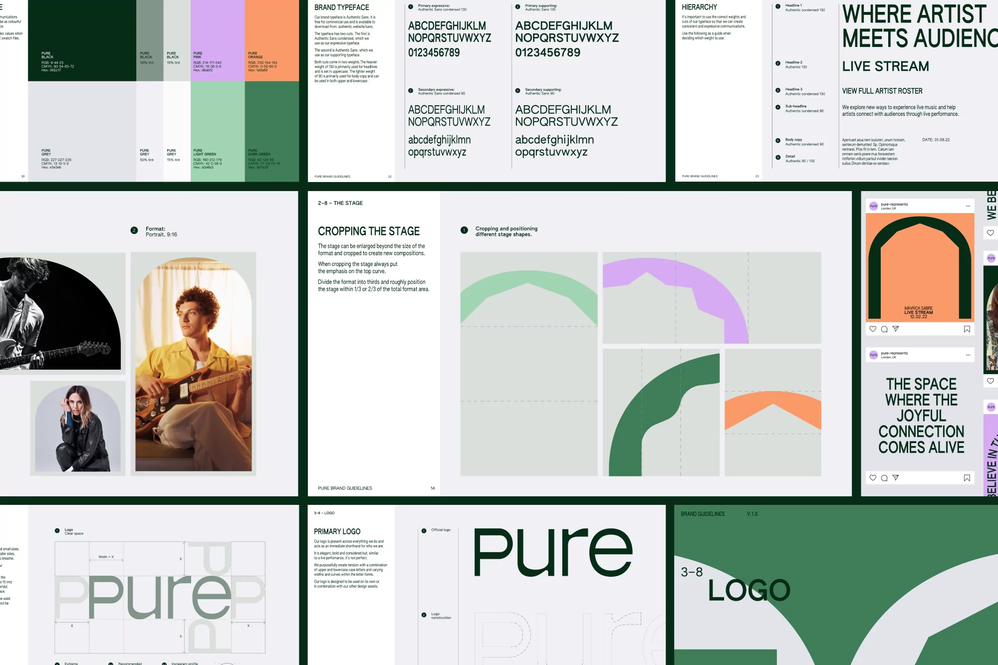 Brand guidelines template showcasing logo design, typography, and image cropping with photos of musicians and a green, gray, and peach color palette.