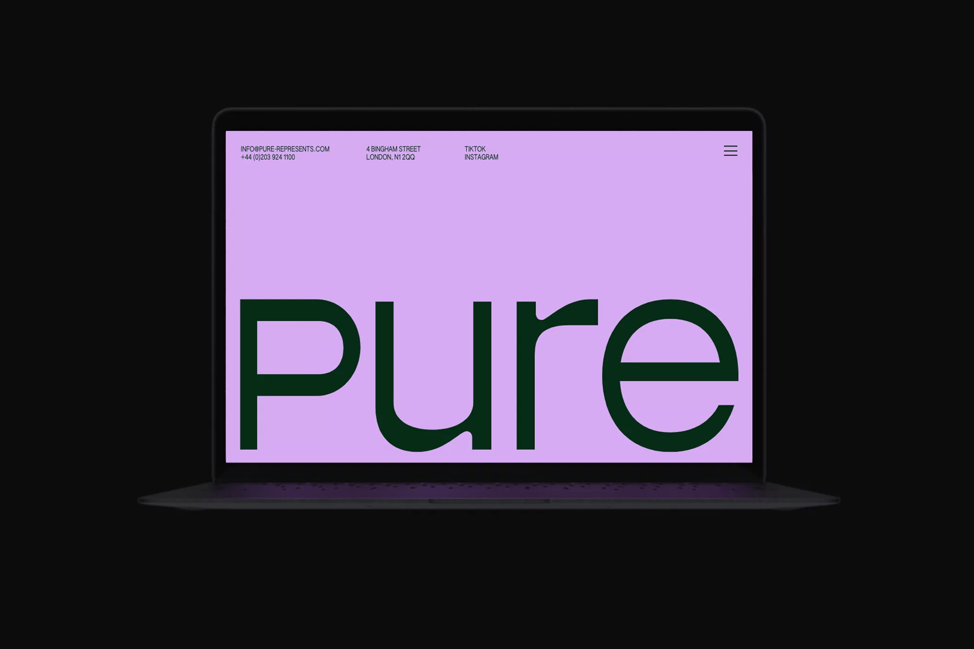 Laptop displaying the website purerepresents.com with the word 'pure' in dark green on a lavender background, minimal tech aesthetic.