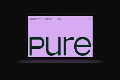 Laptop displaying a brand identity website with lavender screen and bold green typography for Pure Represents