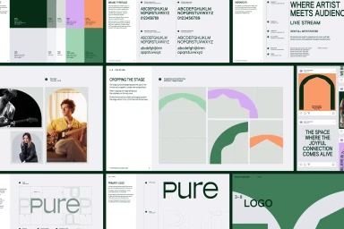 Brand identity guidelines showcase featuring typography, colour palettes, layout grids, and visual identity mockups for Pure Represents.