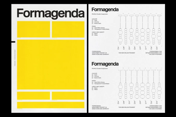 Promotional poster featuring a yellow abstract geometric design, alongside product details and technical drawings of modern lighting fixtures.