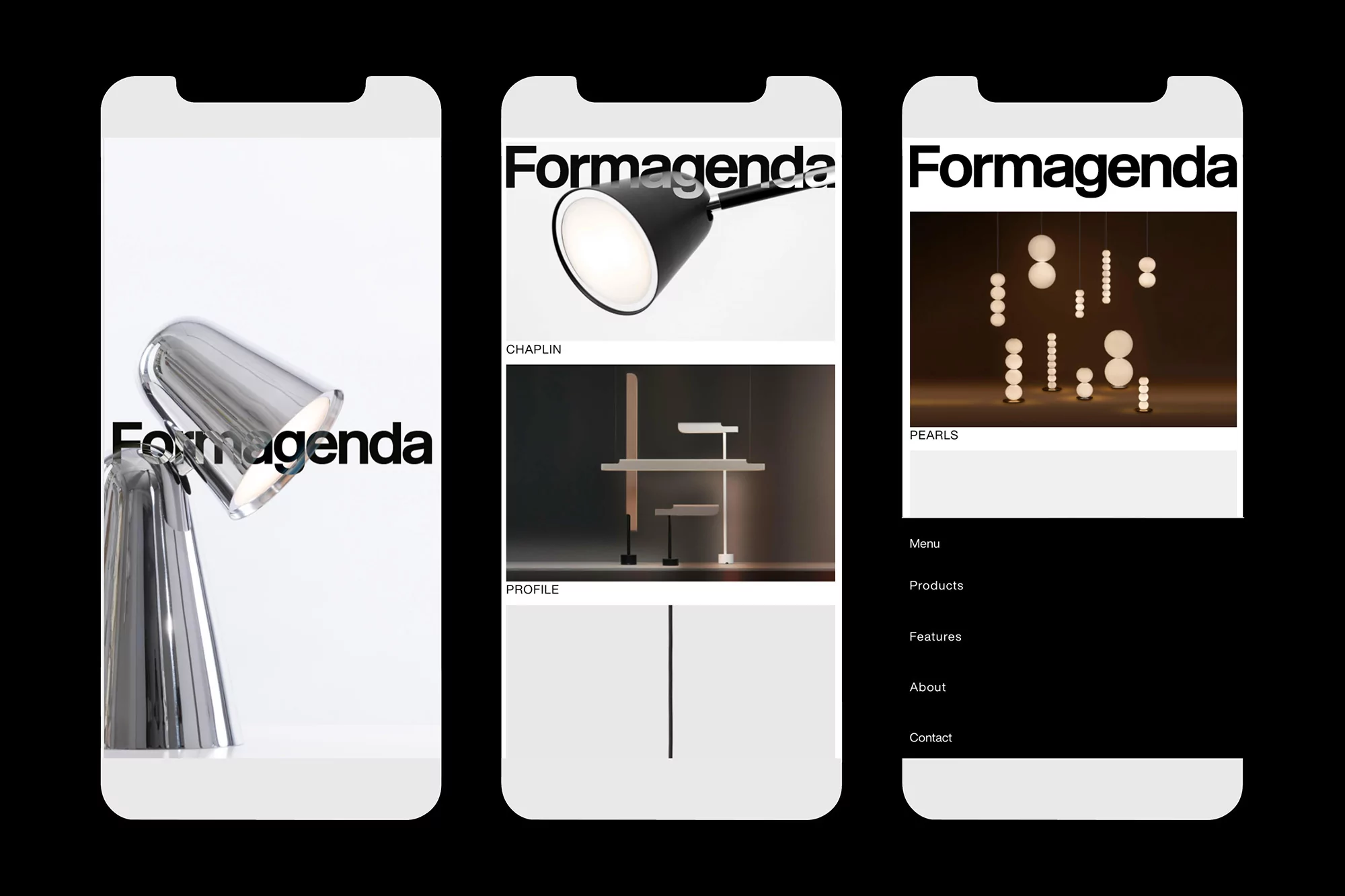 Formagenda app display on three phones featuring modern lighting designs in a minimal, monochrome aesthetic with clean typography.