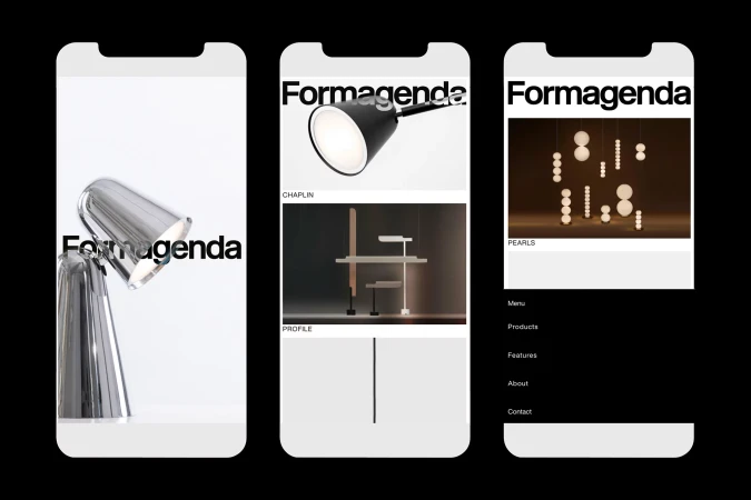 Formagenda app display on three phones featuring modern lighting designs in a minimal, monochrome aesthetic with clean typography.