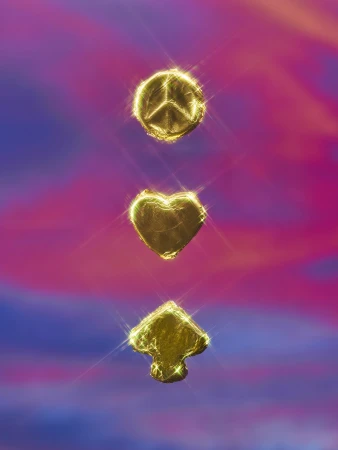 Golden peace, heart, and spade symbols float against a vibrant background of purple, pink, and blue hues, creating an eye-catching design.