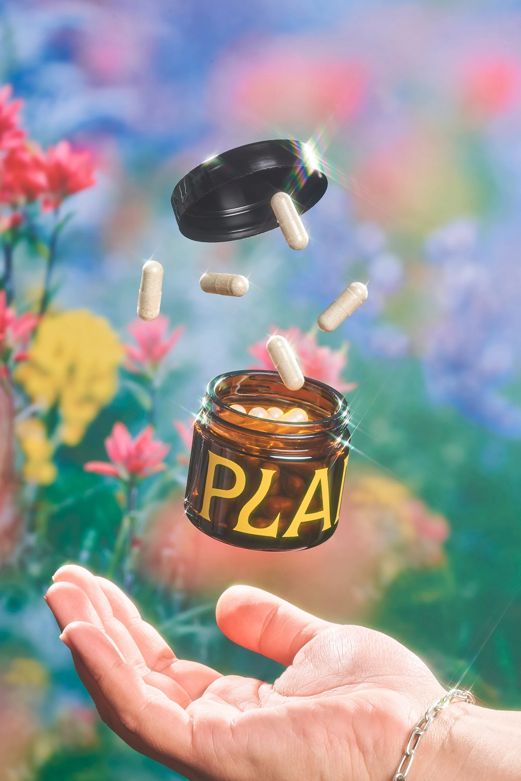 Pills are floating above an open amber glass jar labeled 'PLA' that is held by an adult hand against a floral bokeh background.