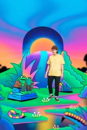 Person standing near illustrated cartoon frogs in a vibrant surreal landscape with colorful skies and rolling hills.