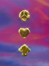 Three glowing gold foil symbols arranged vertically against a vibrant pink and purple gradient background.