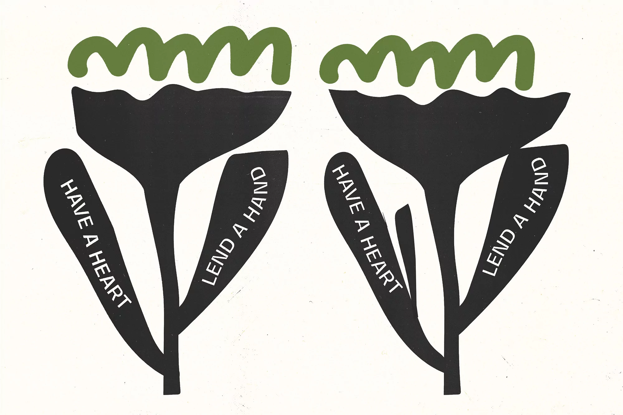 Illustration of two black flowers with green tops and text 'Have a Heart' and 'Lend a Hand' against a white background.