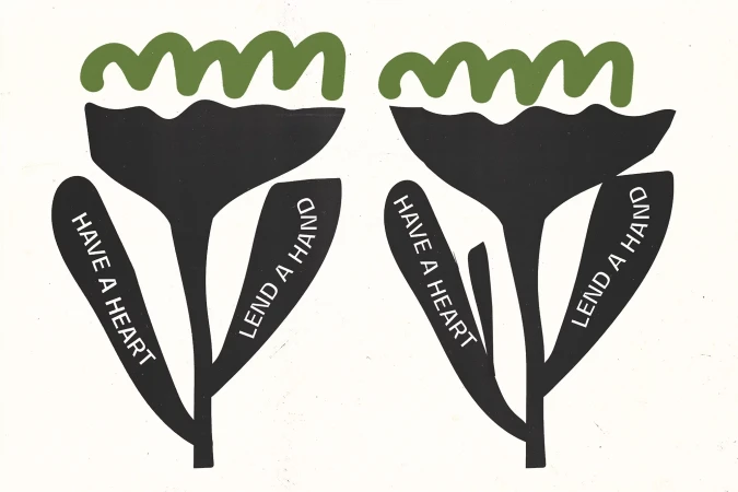 Illustration of two black flowers with green tops and text 'Have a Heart' and 'Lend a Hand' against a white background.