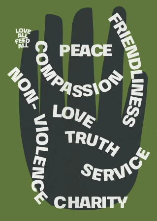 Illustrated hand graphic with peace, love, charity, and compassion text in white on a green background, for a positive message.