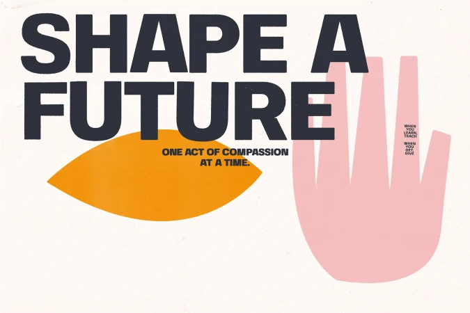 Abstract design featuring the text 'Shape a Future,' an orange shape, and a pink hand illustration on a white background.