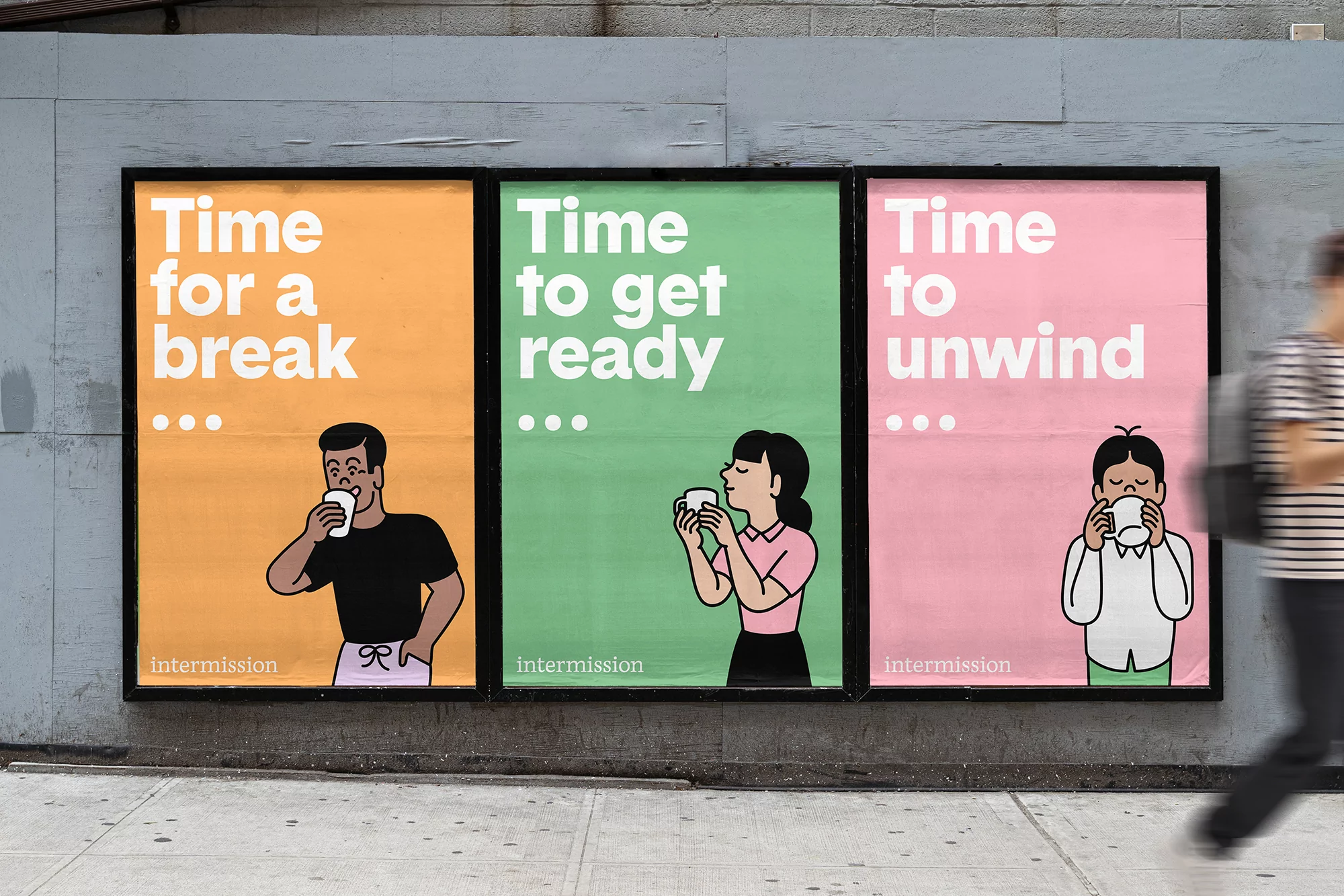 Three vibrant posters display illustrated figures enjoying downtime with beverages, set against an urban backdrop with blurred pedestrian motion.