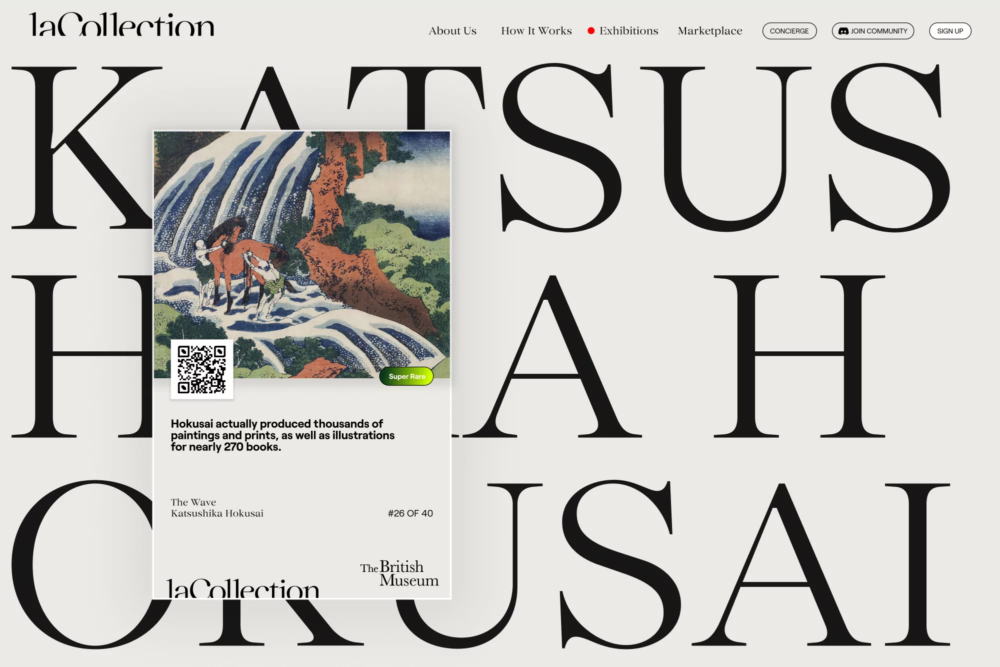 Website promoting Katsushika Hokusai's 'The Wave' art print, showcased on a minimalistic web page by laCollection and The British Museum.