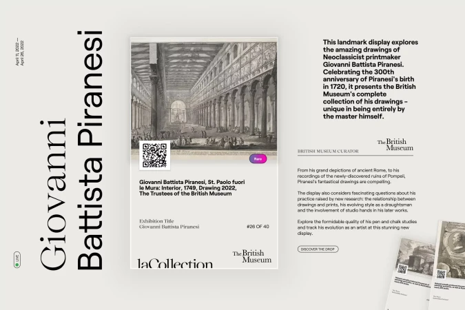Museum exhibit display presenting an antique interior drawing by Giovanni Battista Piranesi, along with descriptive text and logos.