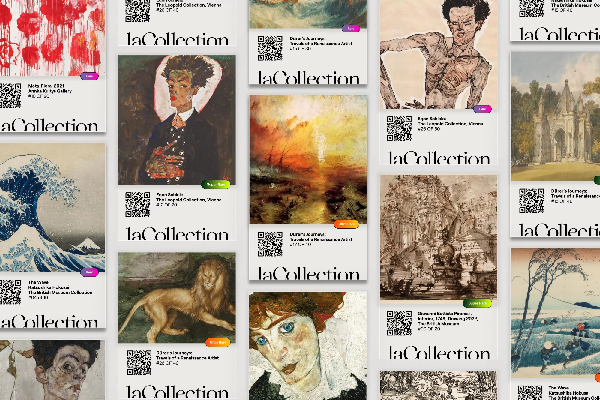 Various art prints from laCollection featuring works by Meta Flora, Katsushika Hokusai, and Egon Schiele, among other artists, in a grid layout.