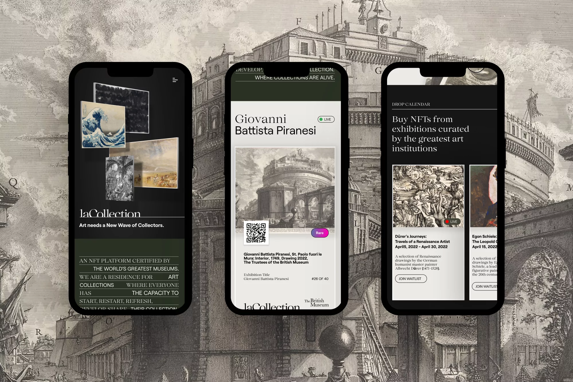 Three smartphones display the 'laCollection' app showcasing art and NFTs, set against an architectural drawing backdrop.