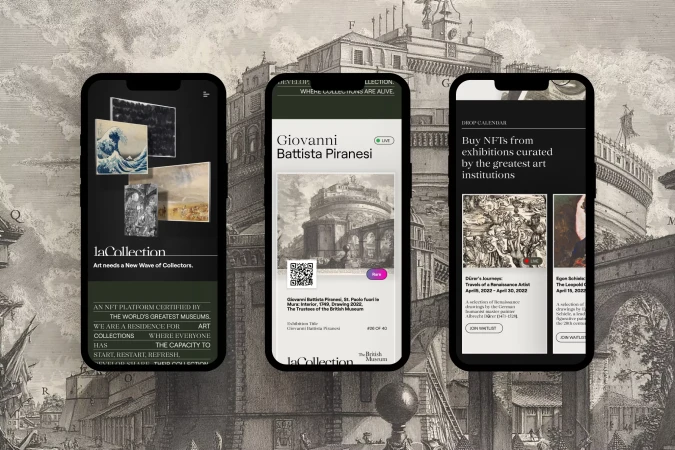 Three smartphones display the 'laCollection' app showcasing art and NFTs, set against an architectural drawing backdrop.