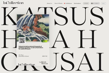 LaCollection website interface featuring large serif typography and a digital art card display by Hokusai