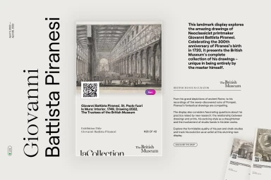 Exhibition poster graphic design for Giovanni Battista Piranesi with neoclassical architectural illustration and QR code