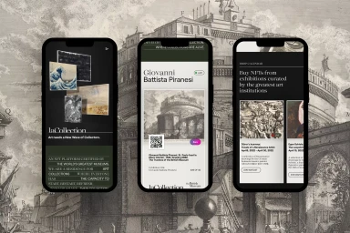 Three mobile phones displaying app interfaces against an etched historical architectural illustration background.