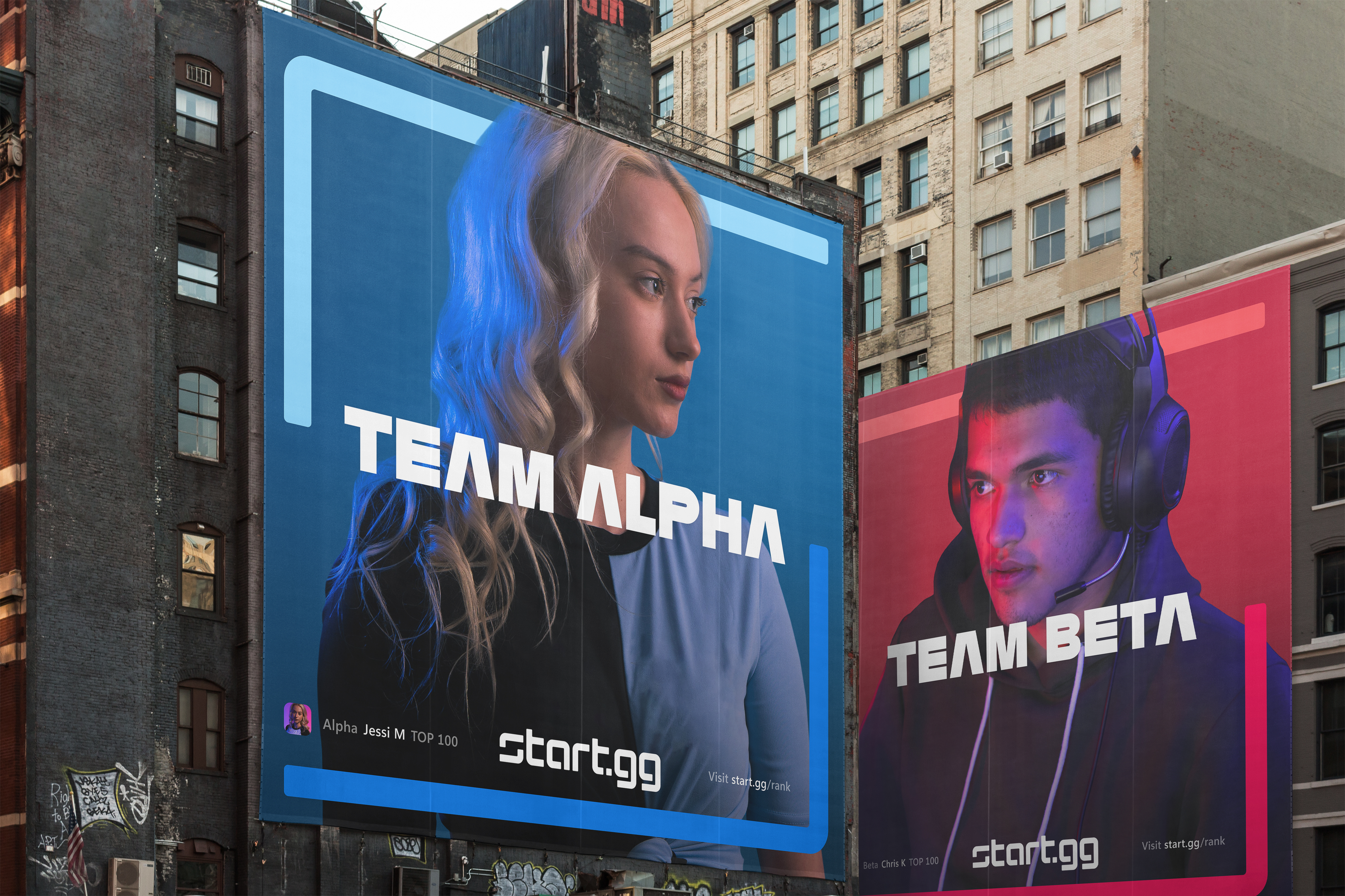 Two large outdoor billboard advertisements featuring esports teams and the brand 'start.gg' on a city building exterior.