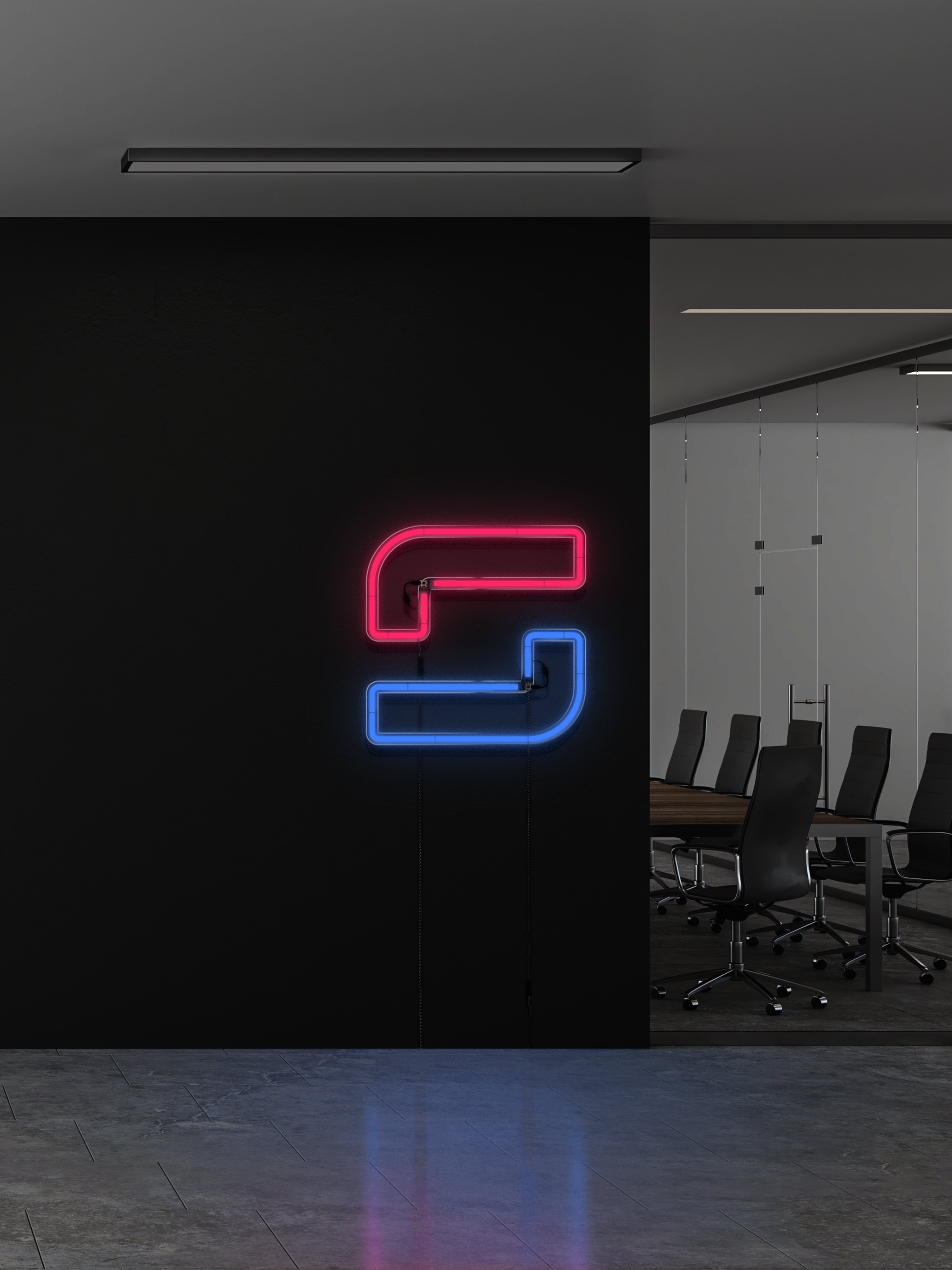 Illuminated neon-style sign in pink and blue against a dark wall in an office space with a conference table and chairs.