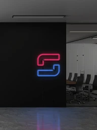 Neon glowing logo mounted on a dark office wall next to a glass conference room