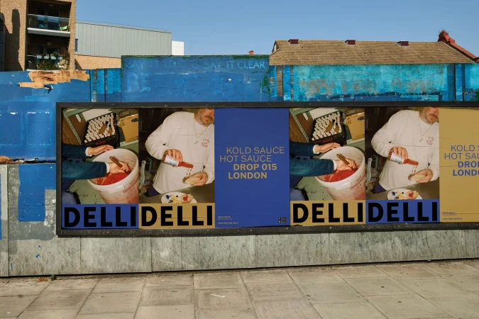 Outdoor billboard featuring a culinary advertisement, showcasing sauce preparation and branding against an urban backdrop on a sunny day.