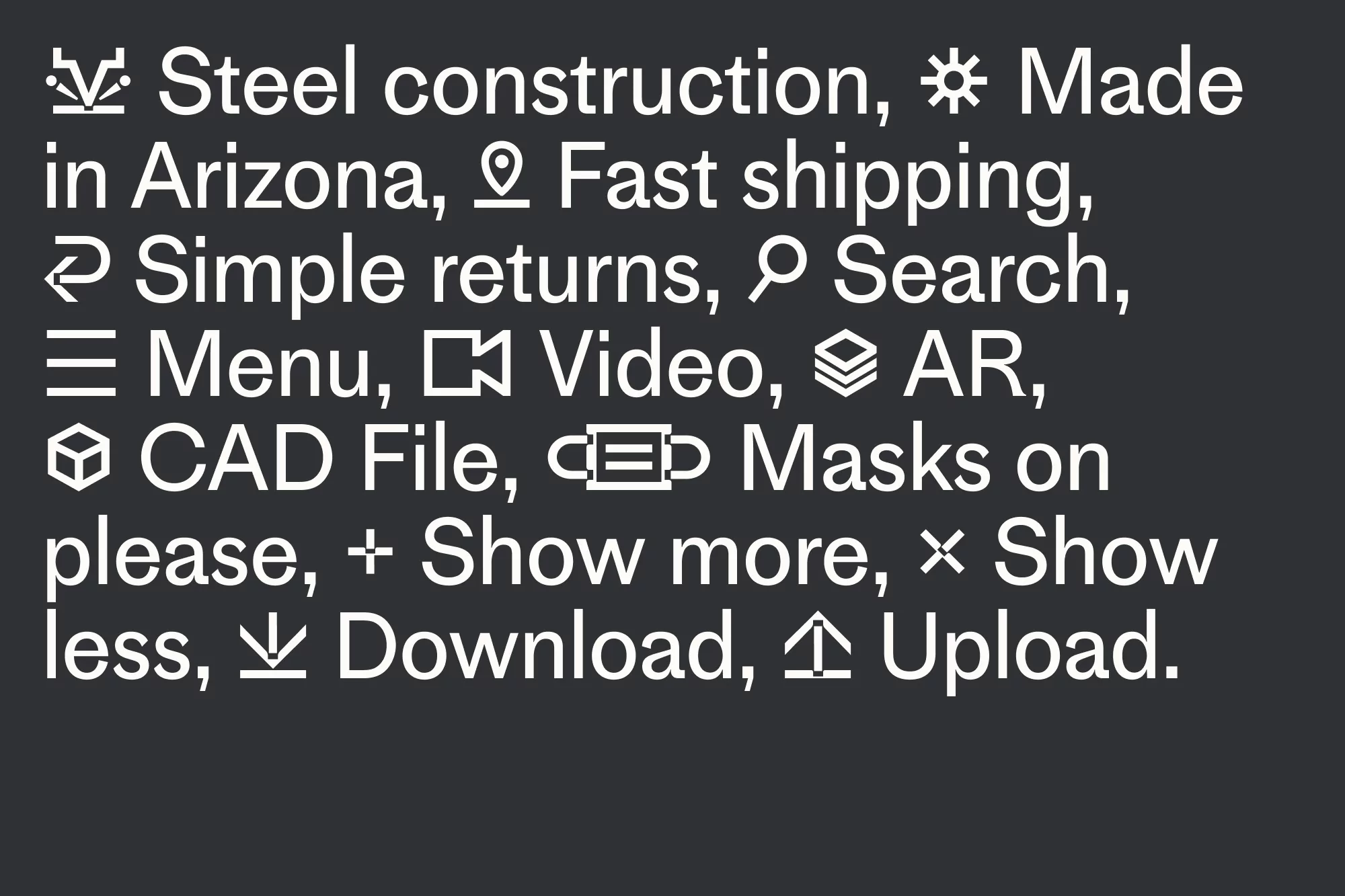 Informational graphic on a dark gray background with text and icons advertising steel construction, Arizona made products, fast shipping, and AR.