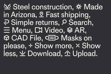 Set of UI icons and descriptive text labels for steel construction, fast shipping, CAD files, and video options against a dark background.