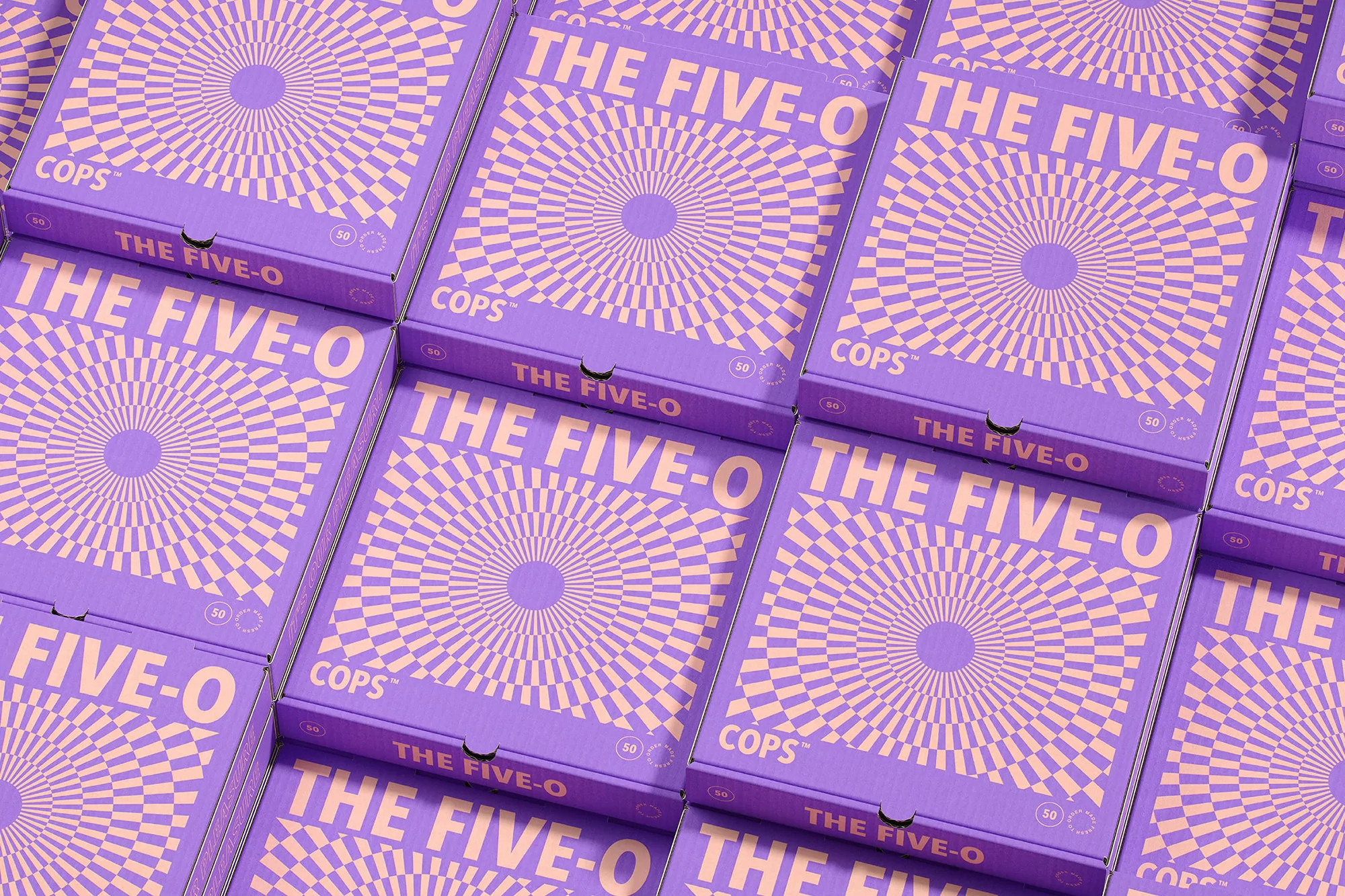 Multiple purple boxes with a circular sunburst pattern and text reading 'The Five-O' are arranged in a grid layout.