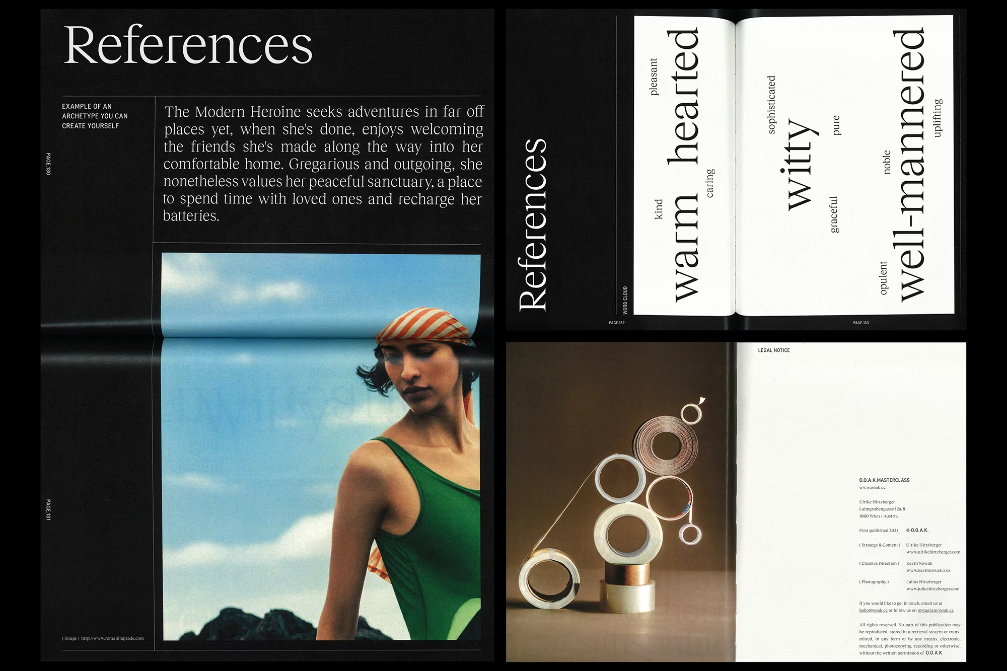 Magazine spread showcases a woman in a green swimsuit against a blurred beach backdrop, alongside text and coiled tape arrangements.