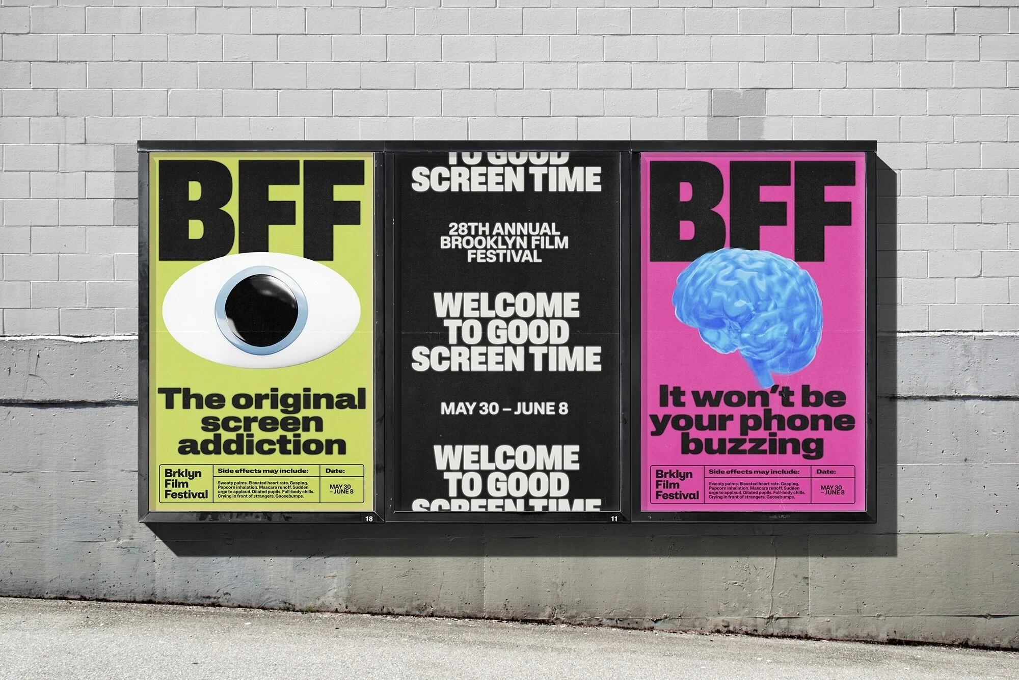 Eye-catching Brooklyn Film Festival (BFF) promotional posters on an outdoor brick wall, featuring an eye, brain, and bold typography.