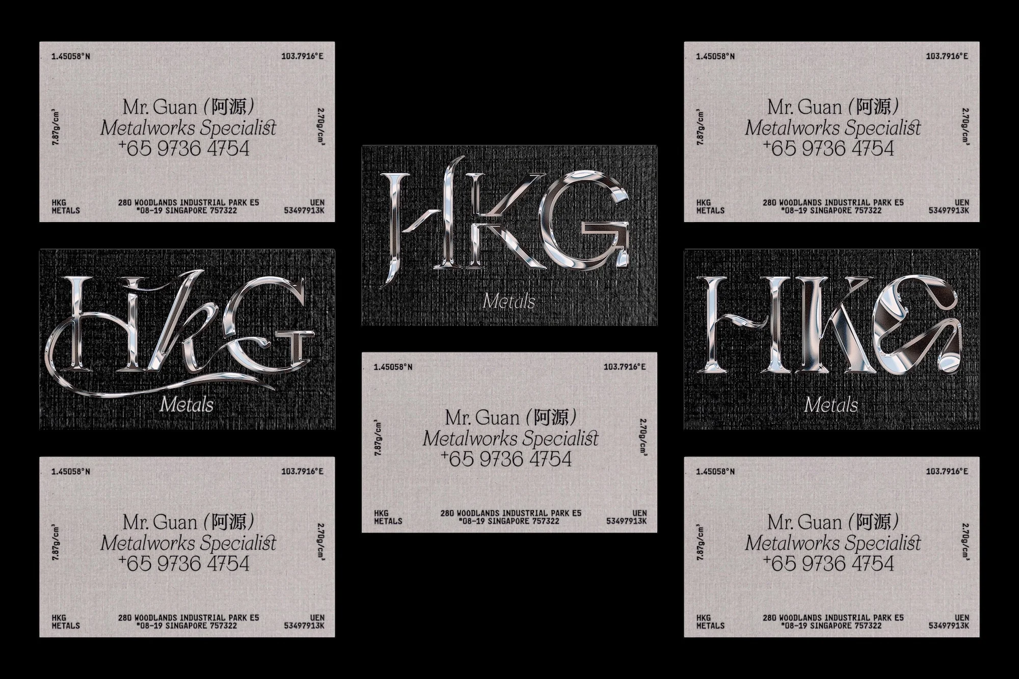 Business cards with metallic letter logos, featuring company name, contact details, and address against neutral and dark textured backgrounds.