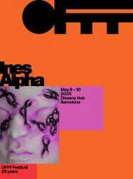 OFFF Festival branding poster featuring bold black typography and a 3D rendered face adorned with glossy abstract sculptural objects