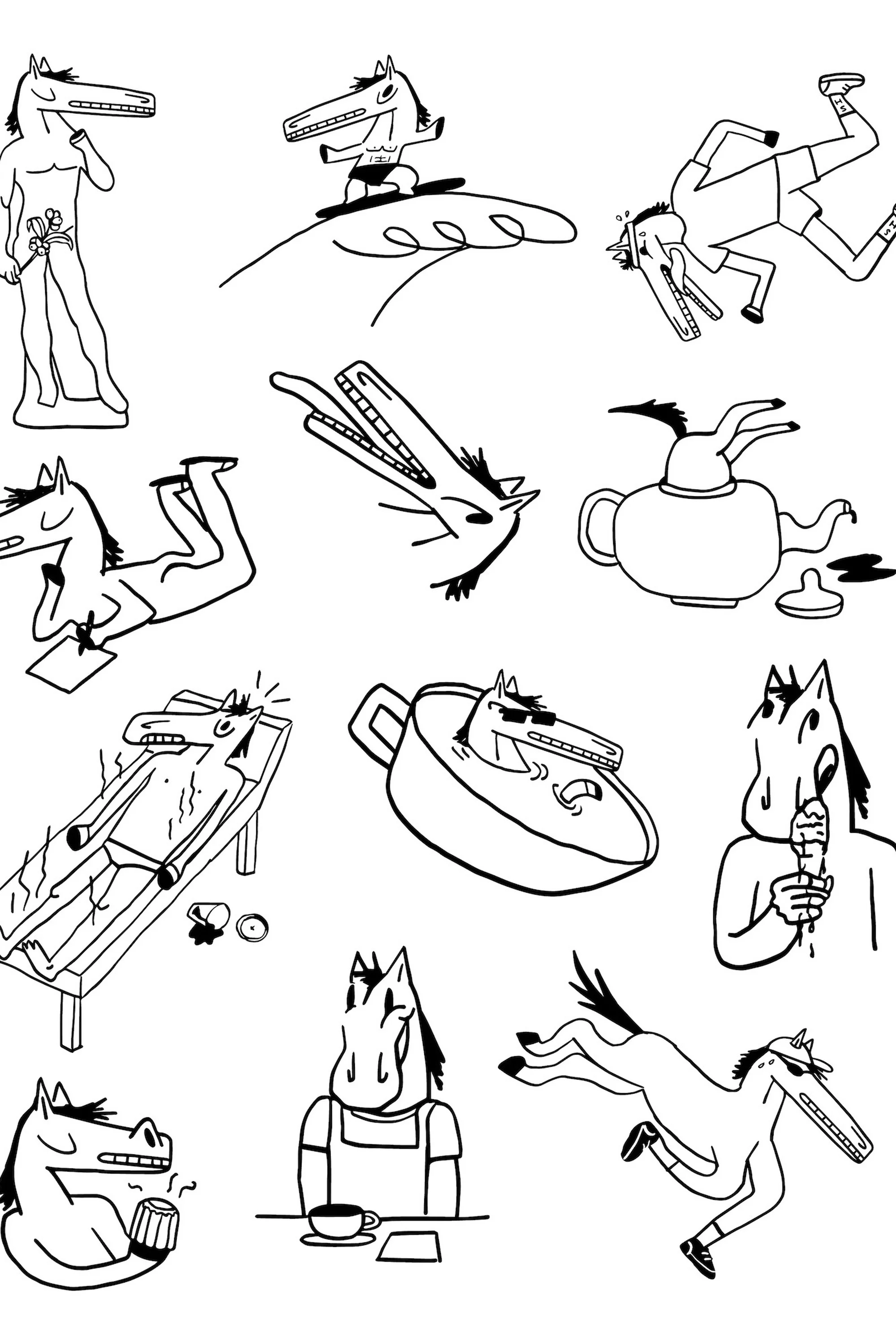 Digital illustration with cartoon horse-headed characters in various scenarios: statue, surfer, cook, teapot, beer drinker, ice cream eater, and more.