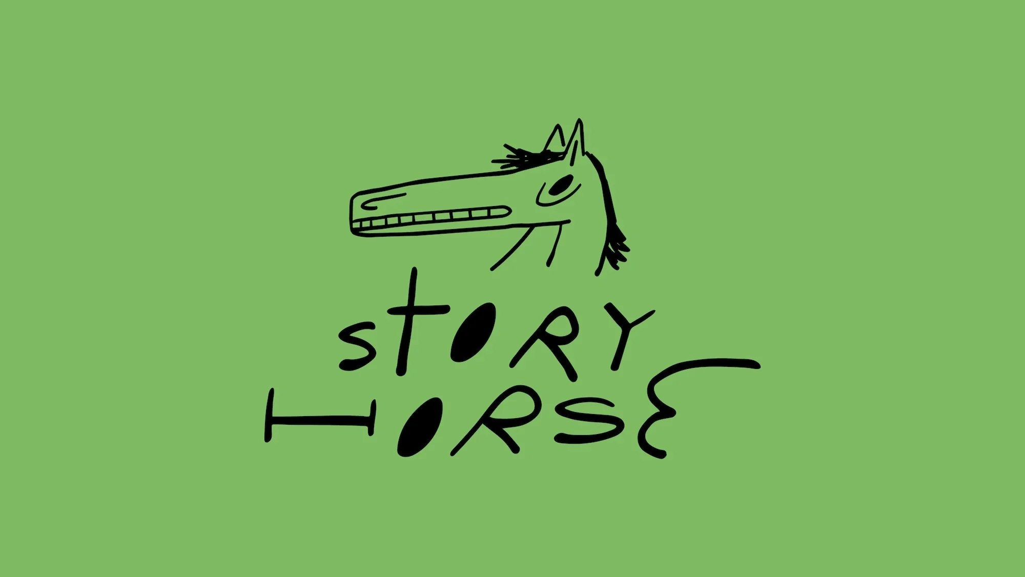 Cartoon horse head and the text 'Story Horse' in black against a light green background. Simple, stylized illustration.